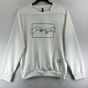 Women’s Pullover Size Med White w/Black Graphic Crew Neck Long Sleeves Polyester